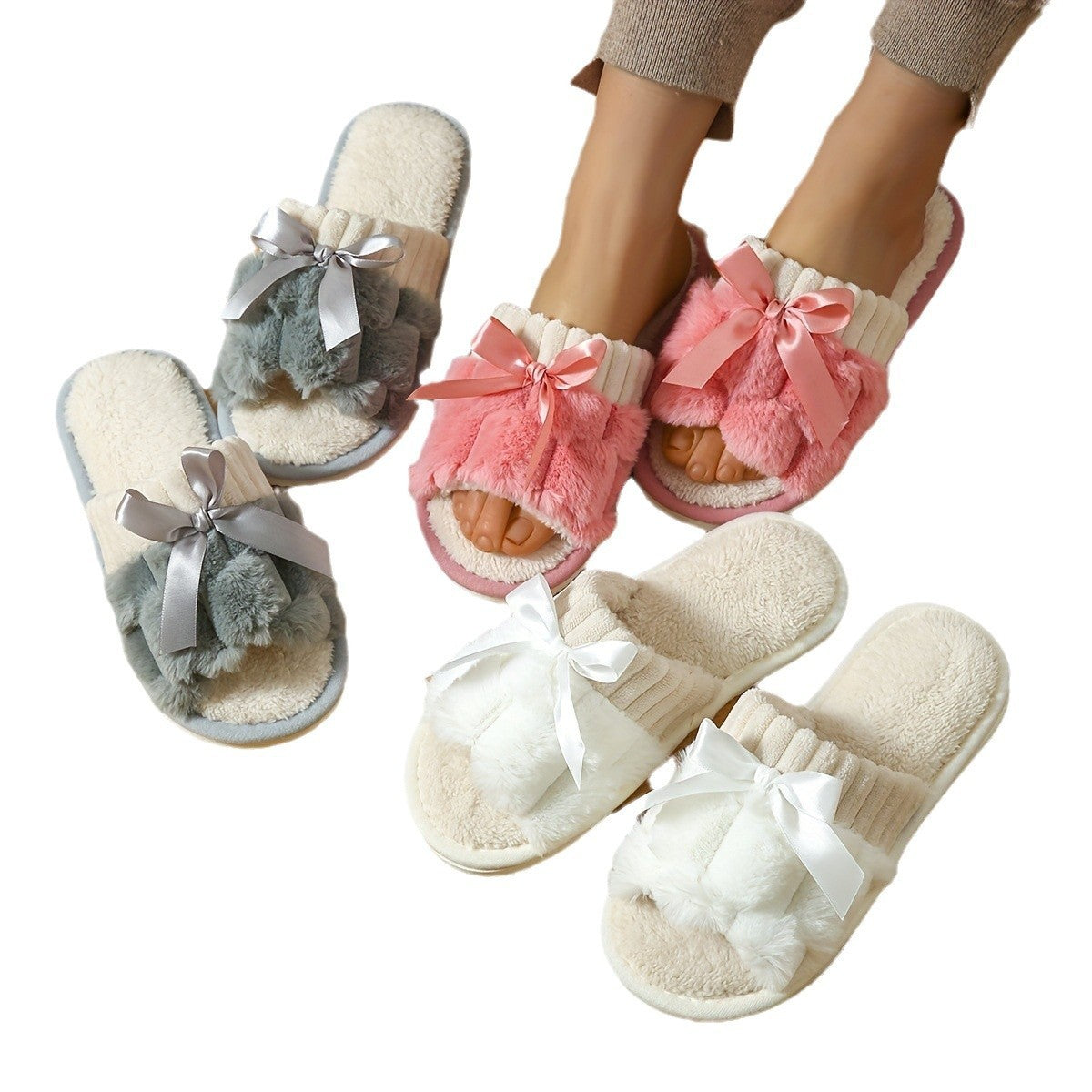 Winter Plush Open-Toe Bow Slippers – Warm Indoor Comfort, Soft Cozy House Shoes for Canadian Cold Weather