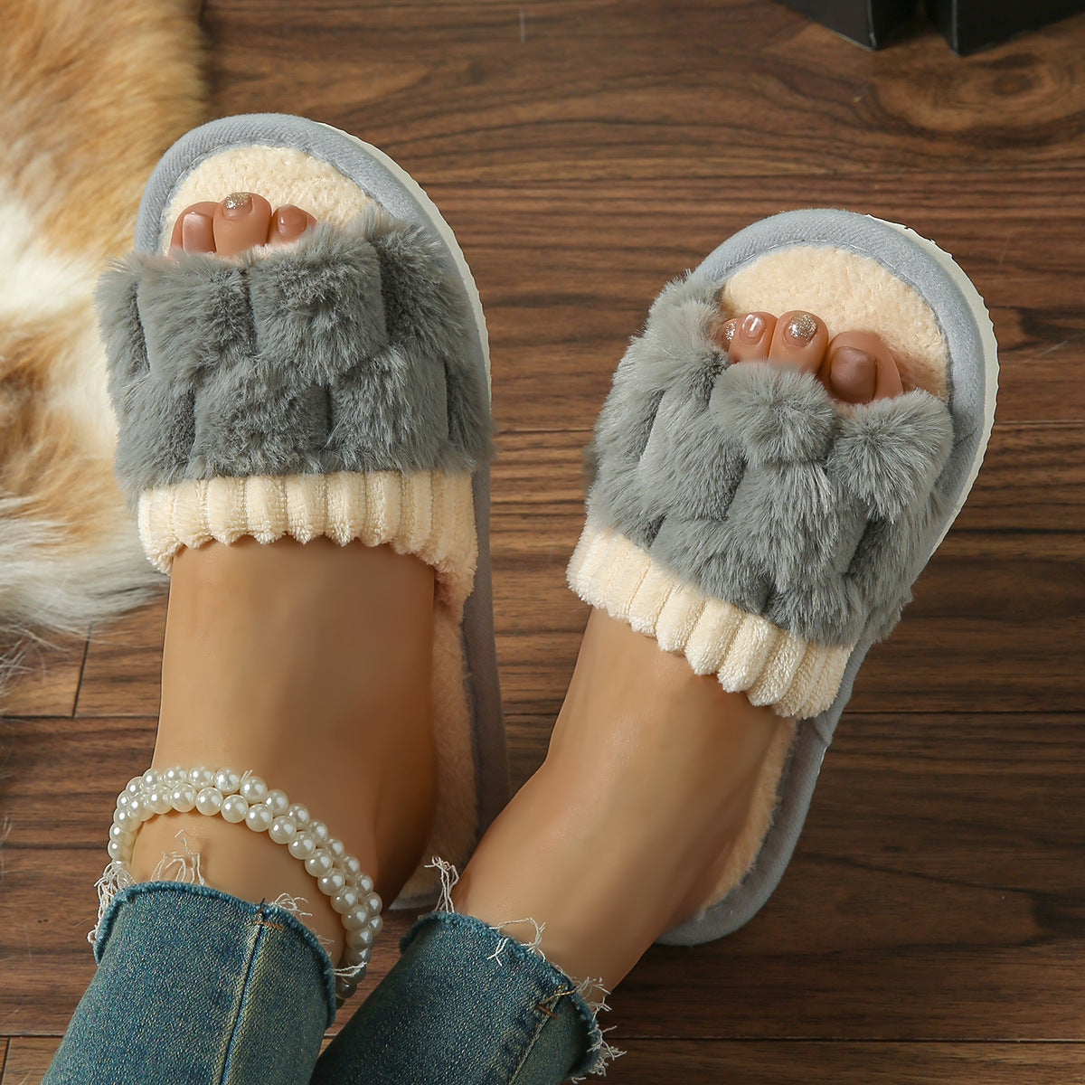 Winter Plush Open-Toe Bow Slippers – Warm Indoor Comfort, Soft Cozy House Shoes for Canadian Cold Weather