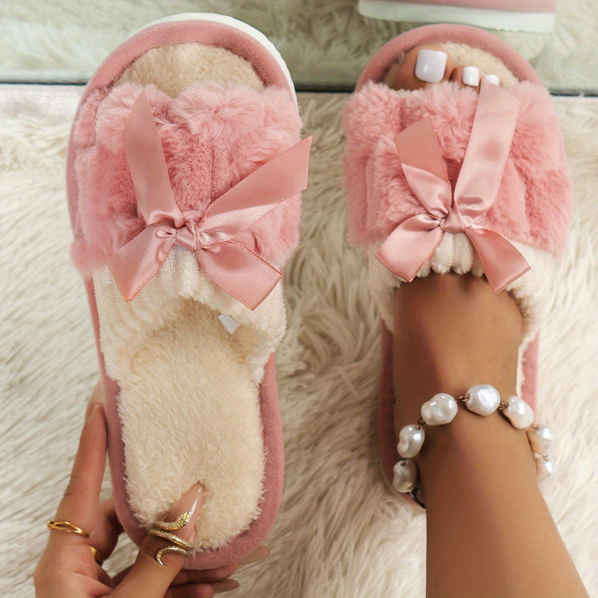 Winter Plush Open-Toe Bow Slippers – Warm Indoor Comfort, Soft Cozy House Shoes for Canadian Cold Weather